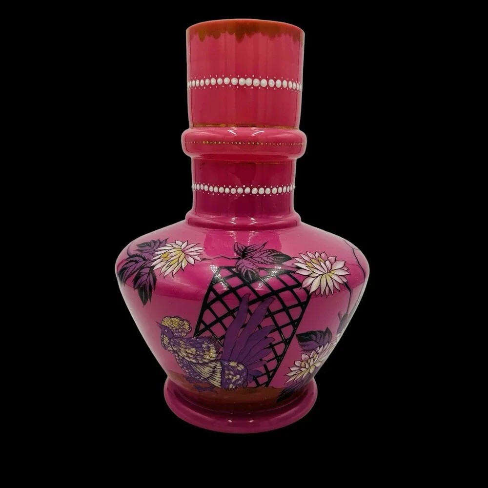 Victorian Aesthetic Pink Opaline Glass Vase Roosters Fighting Daisies Large Rare